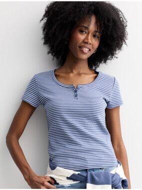 Blue Short Sleeve Henley Pointelle Striped Top